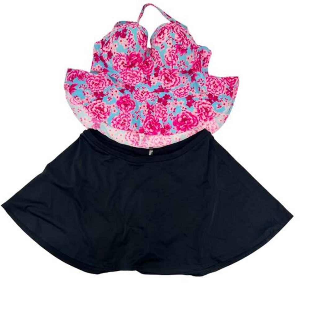 Torrid plus size floral pink & blue swimsuit bathing suit & black swim skirt 2X